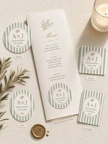 8/20/40pc Personalized Custom Monogram Wedding Stickers, Custom Names Date Round Sealing Labels, Green Stripe Floral Pattern, Wedding Favor Souvenir Gift, For Bride Groom Wedding Guests, Envelope Cup Gift Box Matchbox, Wedding Party Decor Stickers - Multicolor - View 3