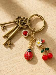 Enameled Alloy Ladybug Daisy Cherry Pendant, Cute Girly Backpack Charm, Exquisite Personal Accessory, Ladybug Keychain With Small Daisy, Cherry, And Heart Rhinestone Combination, Girly Heart Bag Charm, Versatile And Exquisite Car Keyring, Best Friend - Multicolor - View 6