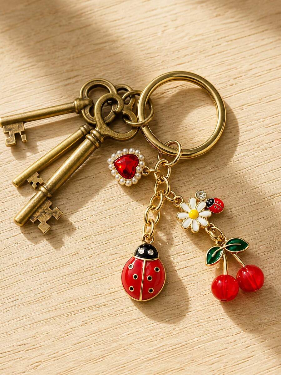 Enameled Alloy Ladybug Daisy Cherry Pendant, Cute Girly Backpack Charm, Exquisite Personal Accessory, Ladybug Keychain With Small Daisy, Cherry, And Heart Rhinestone Combination, Girly Heart Bag Charm, Versatile And Exquisite Car Keyring, Best Friend - Multicolor - View 1
