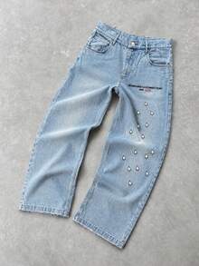 Men's Light Wash Loose Straight Leg Jeans, Cursor Print, Y2K Street Style, Light Wash Denim Fabric With Fun Cursor Pattern, Instantly Create Y2K Look - Baby Blue - View 4