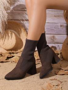 Women's Brown Pointed Toe Chunky Heel Knit Patchwork Sock Boots, Fashionable Elastic Slim Fit Boots For Vacation Season - Coffee Brown - View 8