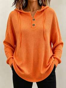 Women's Plus Size Solid Color Waffle Knit Half-Zip Hooded Sweatshirt With Drawstring, Long Sleeve Casual Top For Autumn/Winter - Orange - View 3