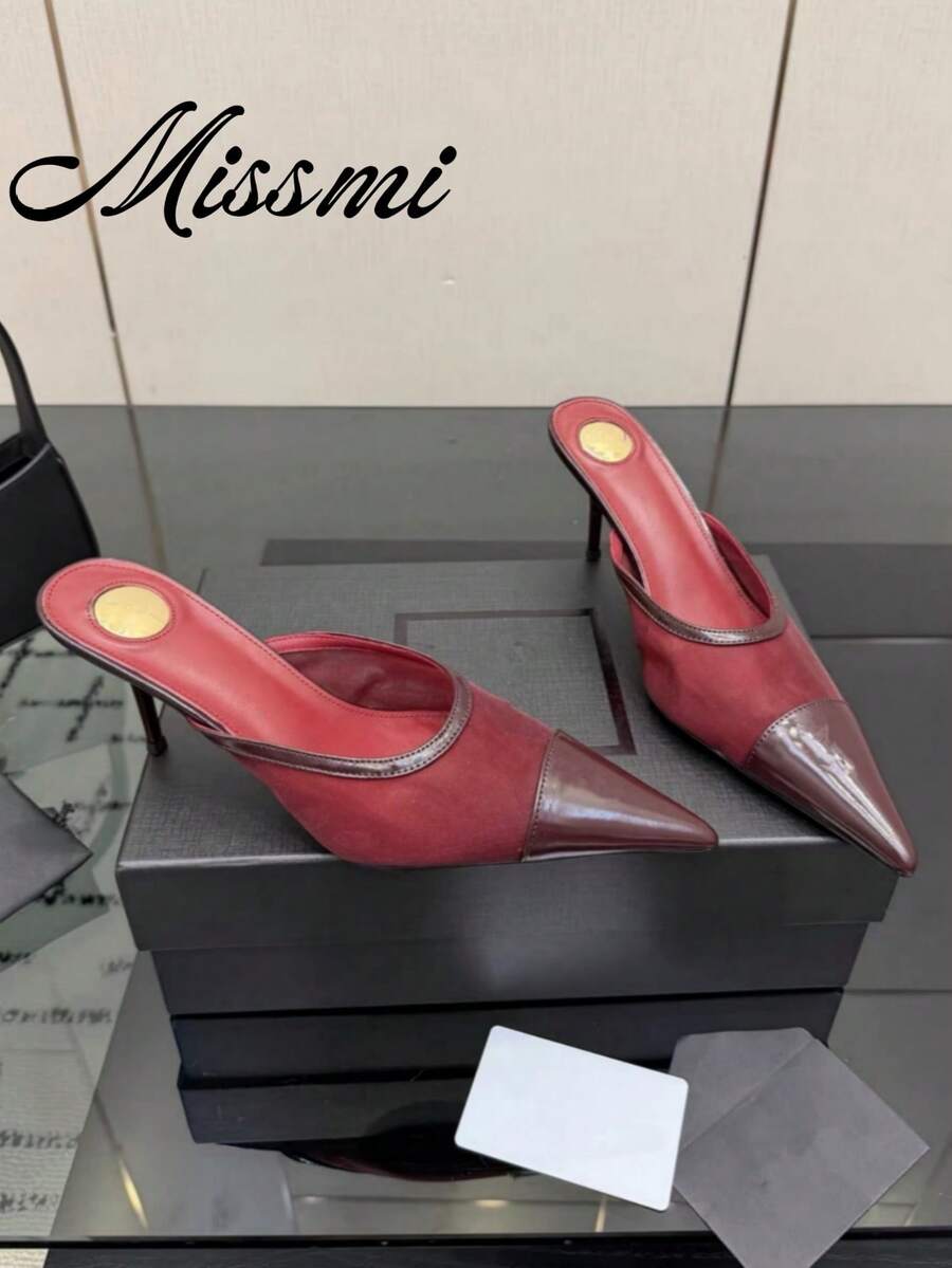 法式緞面高跟粉色包頭半拖鞋仙女鞋 2026 春/夏尖頭水鑽鞋 - 酒紅色 - 查看 1