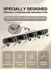 1PC-Stainless Steel Wall-Mounted Broom Hook Storage Rack, Gardening Tools Mop Hook Storage Rack, Multi-Functional Storage Rack, Easy To Install, Space-Saving, Suitable For Home, Kitchen, Garden, Laundry Room, Garage, School Dormitory - Style a - View 2