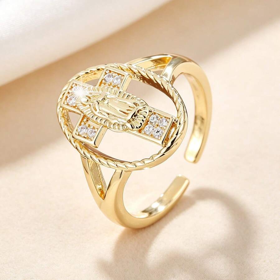 1pc Exquisite Cross & Figure Design Open Adjustable Artificial Zirconia Inlaid Women's Ring - Multicolor - View 1