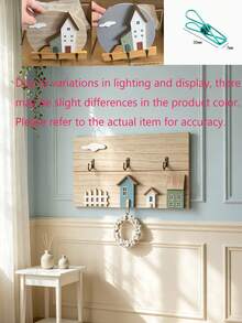 1pc 3D House Pattern Wooden Wall Hook, Nordic Fresh Style Cloud Shaped Decor, With 3 Metal Hooks, Wall-Mounted Key Rack, Suitable For Entryway Home Decor, All Season Daily Use - Multicolor - View 9