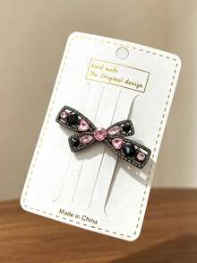 1pc Pink & Black Contrast Heart Rhinestone Bow Hair Clip, Luxury Shiny Women's Party Banquet Daily Styling Side Hair Accessory - Multicolor - View 1