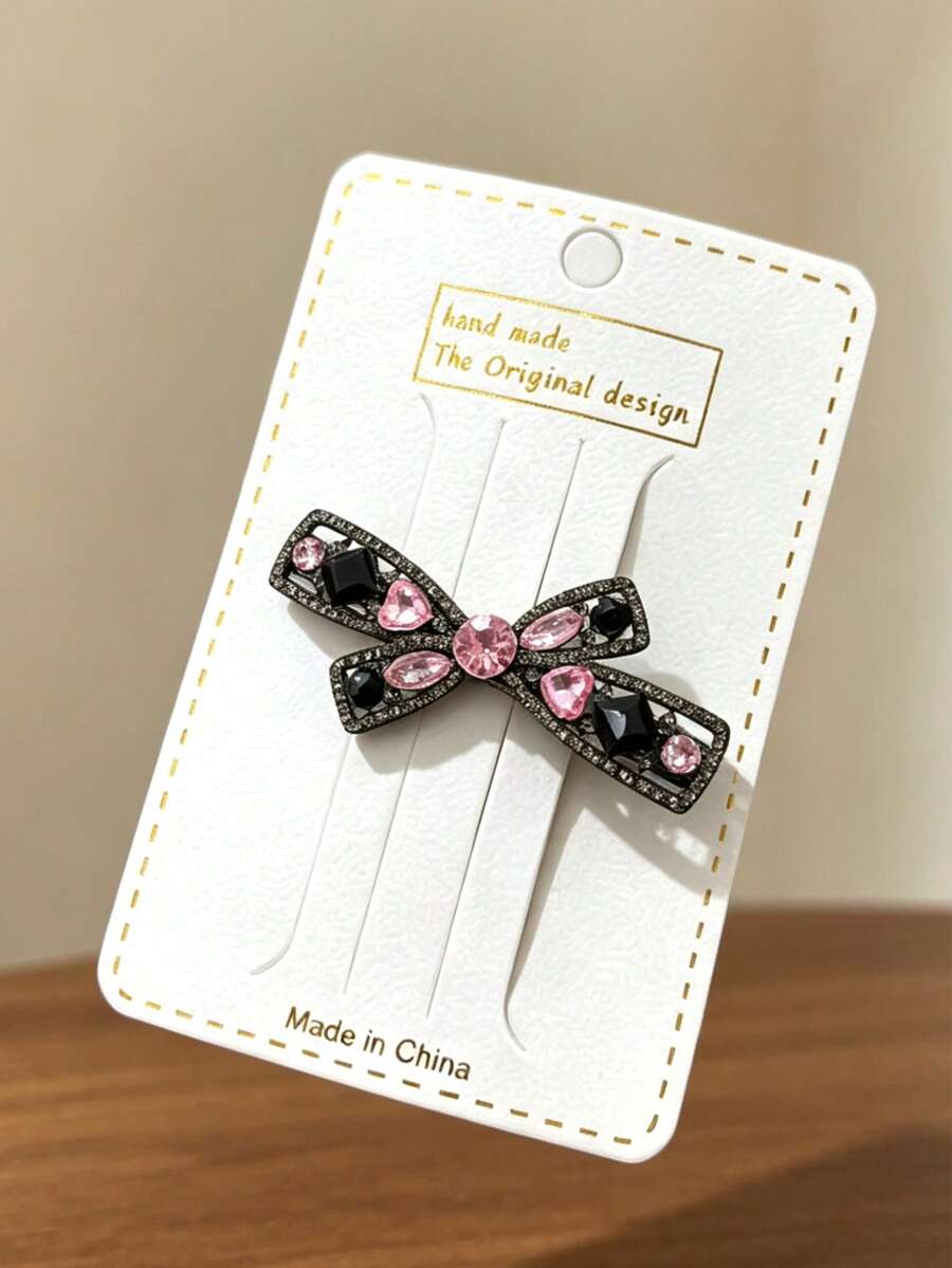 1pc Pink & Black Contrast Heart Rhinestone Bow Hair Clip, Luxury Shiny Women's Party Banquet Daily Styling Side Hair Accessory - Multicolor - View 1