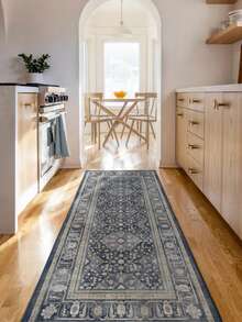 1PC Vintage Distressed Navy Blue Geometric Floral Runner Rug, Persian Faux Cashmere Rectangular Symmetrical Diamond Pattern Machine Washable Long Mat, Suitable For Living Room, Hallway, Corridor, Entryway Home Decor - Multicolor - View 6