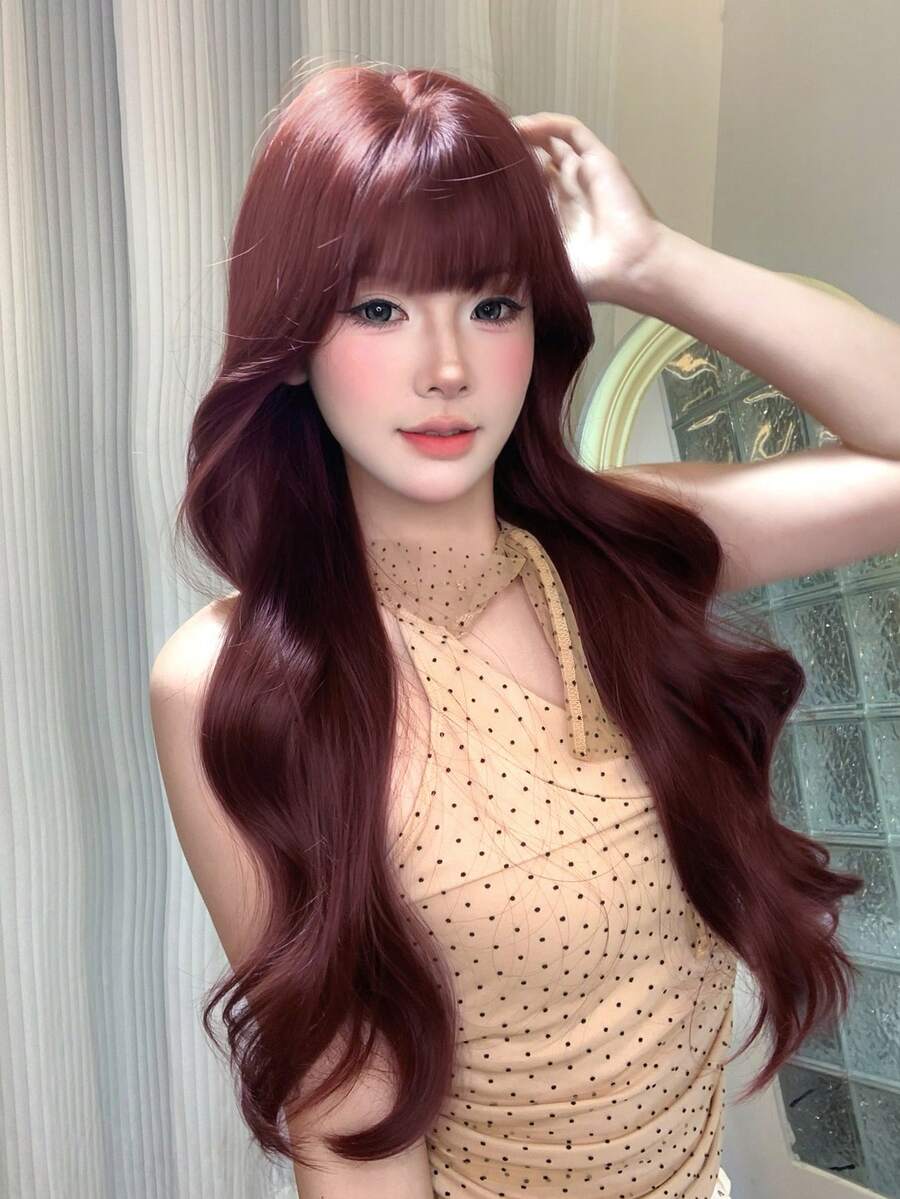 alicegarden 28-Inch Long Synthetic Wig Featuring A Natural Wavy Style In A A Stunning Burgundy. Designed With Bangs , This False Hairpiece Is Perfect For Ms Daily Party Cosplay Use, Offering A Natural And Natural Durable Wig Gift For Ladies. - Burgundy - View 1