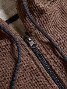 Men's Mocha Brown Thermal Lined Zip-Up Hoodie, Loose Fit Textured Stripe Drawstring Kangaroo Pocket, Suitable For Winter Daily Casual And Commute - Grey - View 6