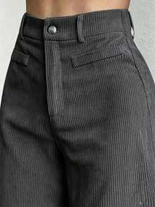 Yaxuan 1pc Solid Color Polyester High Waist Loose Wide Leg Pants With Button, Pocket And Zipper, Casual Commute Long Pants For Spring, Summer And Autumn - High-grade Gray - View 4
