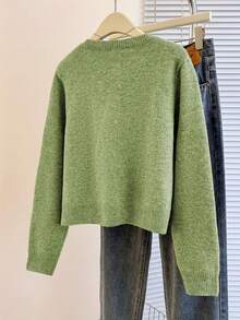 Minimalist Korean Style Grass Green Round Neck Knit Cardigan, Women's Plus Size Spring/Autumn Single-Breasted Slimming Drop Shoulder Long Sleeve Sweater Jacket, Slouchy Versatile Long Sleeve Short Knit Top - Green - View 2