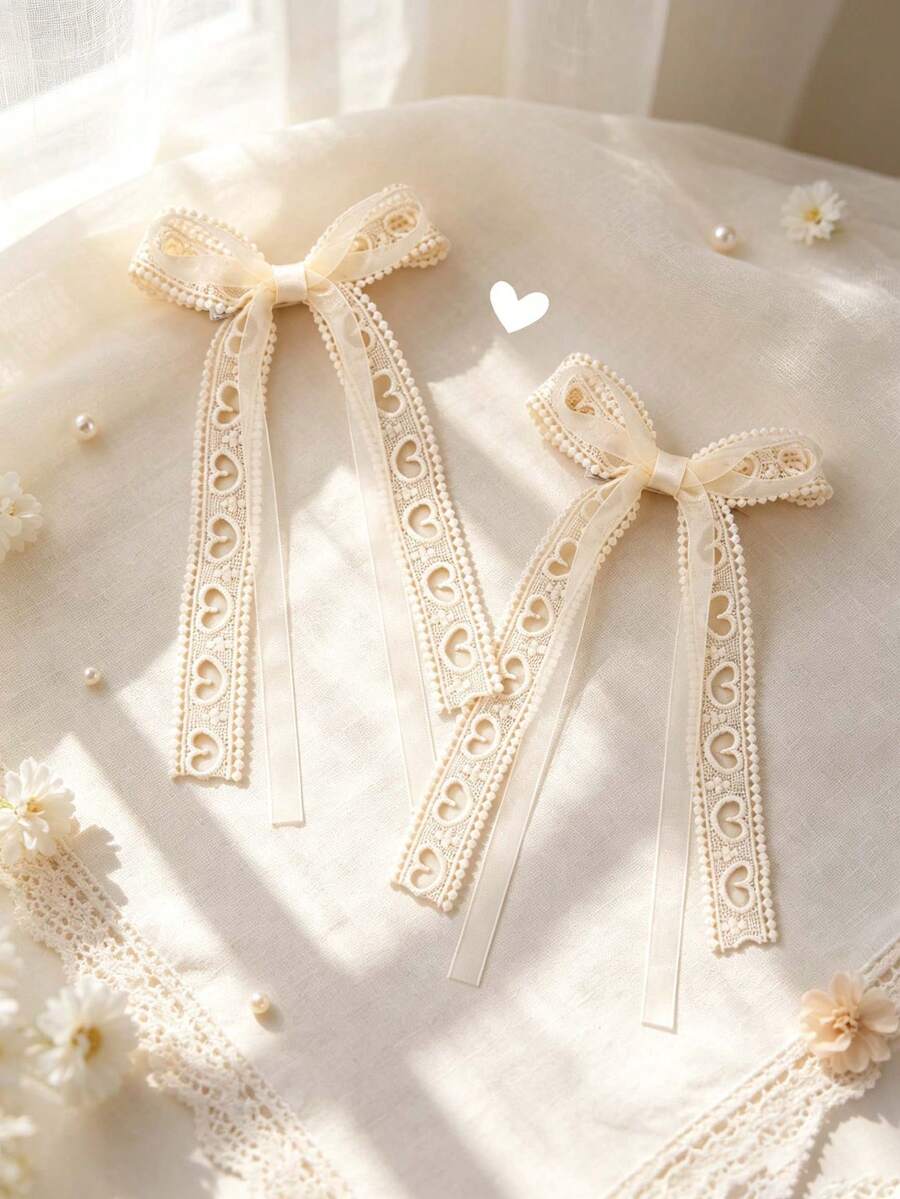 2pcs Beige Lace Hair Bows For Girls Heart Cutout Long Streamer Decor Alligator Clips Sweet Daily Hair Clips Kids Hair Accessories - Beige - View 1