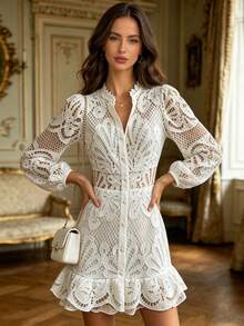 Vuslat Women's Autumn French Style Hollow Crochet White Mini Dress With Small Stand Collar And Half-Open V-Neck, Suitable For Daily Commute, Office, - White - View 5