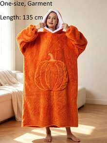 Hooded Pumpkin Wearable Blanket Bathrobe, Suitable For Cold Weather, Multiple Colors Available: Beige, Light Gray, Navy Blue, Orange Red, Pumpkin Embossed Pattern, Heavyweight Thickened Flannel Lining With Lamb Fleece, Long Pile Texture - Multicolor - View 13