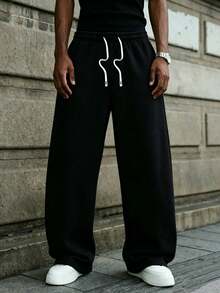 1pc Teen Boys Drawstring Elastic Waist Loose Straight Leg Casual Sports Pants, Suitable For Daily Wear - Black - View 5