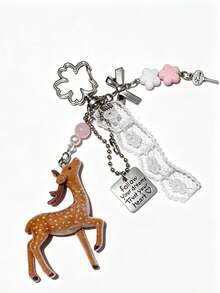 1pc Flocked Deer Keychain, Lace Ribbon Flower Bead Charm, Cute Atmosphere Pendant, Suitable For Handbag, Backpack Decoration, Can Be Used As Gift - Multicolor B - View 7