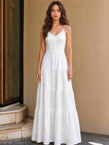 Vuslat Women's Summer Casual Solid Color V-Neck Spaghetti Strap Button Decor Loose Dress, Suitable For Casual Vacation, Beach Holiday - White - View 8