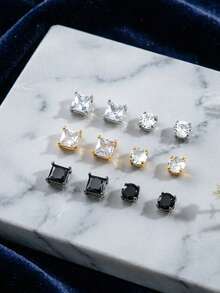 Set 6 Pasang Anting Jepit Magnetik Stainless Steel 304, Anting Tanpa Tindik dengan Batu Zirkonia Kubik Sintetis, Gaya Punk Unisex - set 6 pasang - View 5