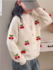 Girls' Sweet Cute 3D Cherry Decor Solid Color V-Neck Long Sleeve Button-Up Knit Cardigan Sweater Jacket, Suitable For Daily Casual, School, Vacation, Spring, Autumn, Winter - Apricot - View 1