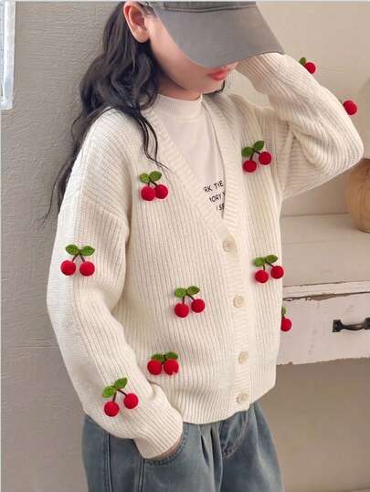 Girls' Cute Solid Color Cherry Knit Cardigan Sweater, Long Sleeve, Suitable For Vacation, Casual, Spring, Autumn, Winter