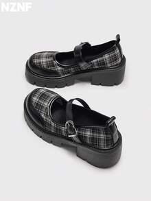 NZNF 1 Pair Houndstooth Preppy Style PU Leather Buckle Wedge Thick Sole Loafers For Women, Office Wear, All Seasons - Black - View 6