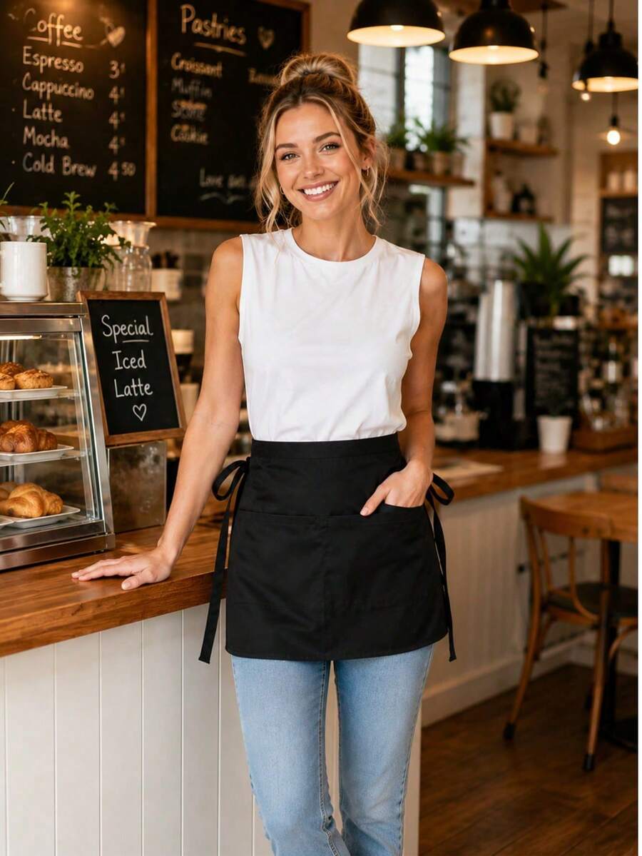 Pure Black Waist Apron With Pockets For Server, 3 Pockets, Waterproof And Splash-Proof, Unisex, With Extended Waistband, Suitable For Gardening, Cooking And Catering Service, Ideal For Kitchen And Restaurant Work - Black - View 1