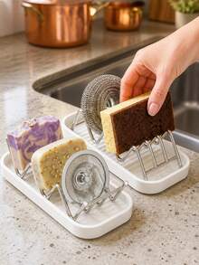2pcs Wavy Soap Dish Storage Rack, Bathroom Draining Soap Holder, Stainless Steel Kitchen Draining Rack, Sink Side Countertop Sponge And Cleaning Cloth Storage, Quick Draining, Keep Countertop Dry - Multicolor - View 2