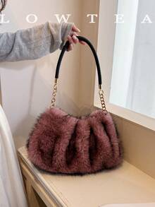 low tea 1pc Fashion Cloud Pleated Plush Fabric Shoulder Bag, Suitable For Commuting, Shopping, Etc. - Pink - View 5