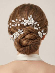 3pcs Elegant Faux Pearl & Rhinestone Twisted Hair Comb And U-Shaped Hair Pin Set, Forest Style Bridal Wedding Party Updo Hair Accessories, Beautiful Fairy-Like Pearl & Rhinestone Hair Ornaments, Versatile Hair Clips Combination For Wedding, Party, Photoshoot - Silver - View 12