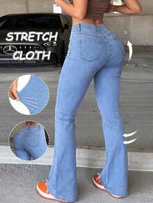 Classic Blue Women's All-Season Flare Jeans, Slim Fit Bohemian Flare Leg Design, Elegant And Sexy Fall - Blue - View 7