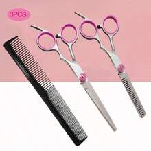 3pcs Hair Cutting Scissors Set, Stainless Steel Straight & Thinning Shears With Hair Comb, Professional Hairdressing Tools For Men Women Children Adults, Home & Salon Use - Pink - View 15