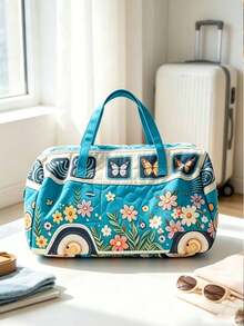 1pc Floral Bus Travel Storage Bag, Foldable Storage Bag, Multi-Functional Storage Bag, Butterfly Floral Bus Pattern Design, Simple And Fashionable. Large Capacity Handbag Style, Suitable For Outdoor, Travel, Gym, Dorm Storage, Holiday Gift, Travel Bag, Toiletry Bag, Makeup Bag, Travel Essential, Back To School, Halloween, Gift Essential, Home Storage Essential - Multicolor - View 11