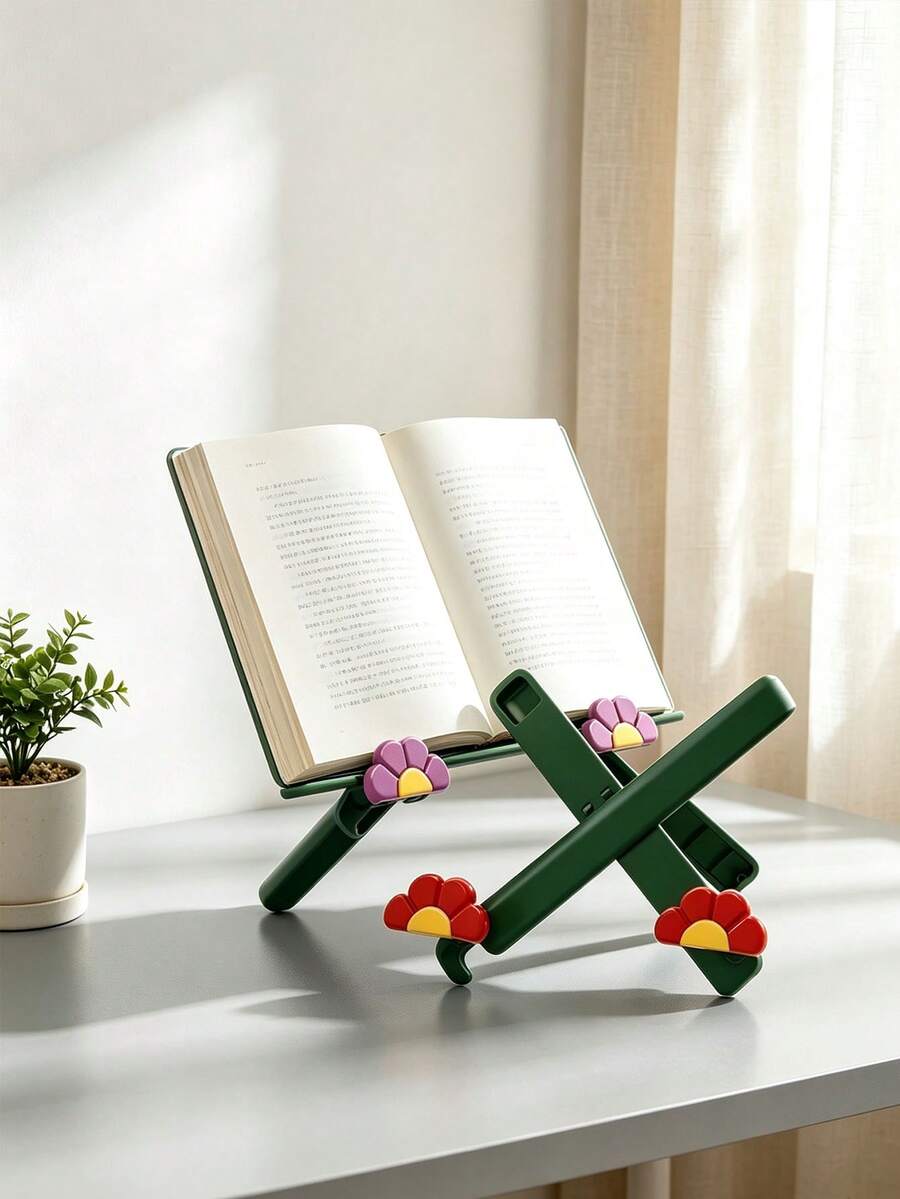 1pc Green Floral Decorative Book Stand, Plastic Foldable Adjustable Reading Holder, Portable Book Support Rack, Suitable For Desk Study, Bedroom, Home Daily Learning Use