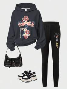 Fashionable Girls Casual Creative Floral Print Hoodie Sweatshirt With Slim Fit Leggings Long Pants, Spring Autumn Winter Daily Versatile 2-Piece Set - Dark Grey - View 3
