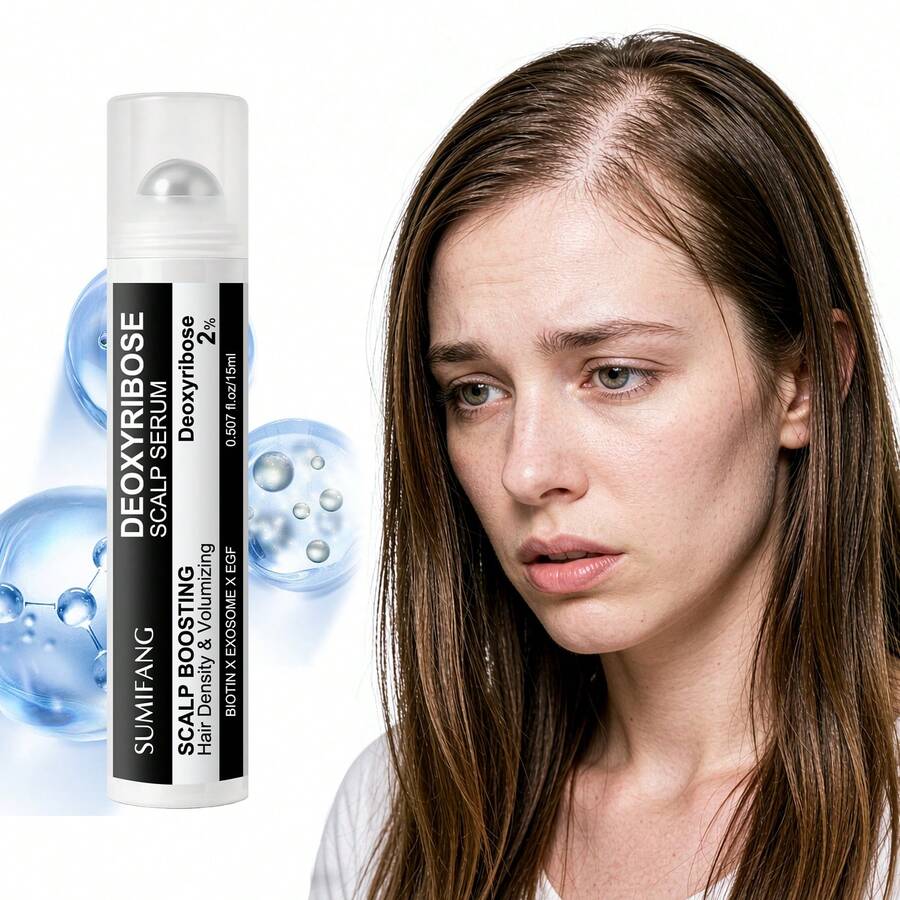SUMIFANG Deoxyribose Scalp Serum, Enriched With Biotin And Caffeine, Deeply Nourishes Scalp And Strengthens Hair Roots, Targeted For Fine, Fragile And Thinning Hair, Convenient Rollerball Applicator, Suitable For All Hair Types, 15ml - Full Size - View 1