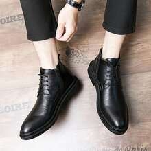 Sepatu bot tinggi pria motif kotak-kotak timbul dengan tali pengikat dan detail resleting samping, ujung bulat, gaya ramping, cocok untuk kantor, pesta, kencan, dan berbagai acara. - Hitam - View 3