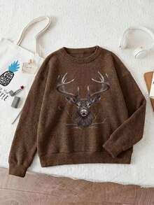 Women's Plus Size Pullover Sweater, Deer Pattern, Long Sleeve Crew Neck Pullover Sweater, Warm And Fashionable Choice For Autumn/Winter - Brown - View 3