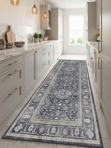 1PC Vintage Distressed Navy Blue Geometric Floral Runner Rug, Persian Faux Cashmere Rectangular Symmetrical Diamond Pattern Machine Washable Long Mat, Suitable For Living Room, Hallway, Corridor, Entryway Home Decor - Multicolor - View 1