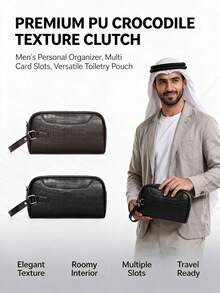 1pc Men's PU Large Capacity Clutch Bag, Crocodile Texture, Personal Items Storage Bag, Toiletry Bag, Multi-Card Slot Wrist Bag, Perfect Gift For Boyfriend - Wristlet - View 2