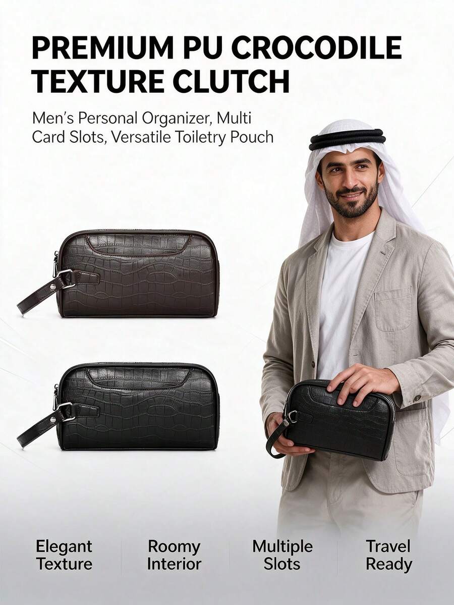 1pc Men's PU Large Capacity Clutch Bag, Crocodile Texture, Personal Items Storage Bag, Toiletry Bag, Multi-Card Slot Wrist Bag, Perfect Gift For Boyfriend