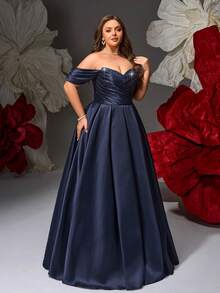 VIPGIRL New Navy Blue Strapless Sequin Patchwork Ruched Bust Design Elegant Plus Size Women's Formal Evening Gown - Navy Blue - View 5