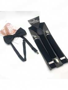 1 Set Men's Black Casual Bow Tie Suspender Set, Suspender Pants Clip - Black - View 2