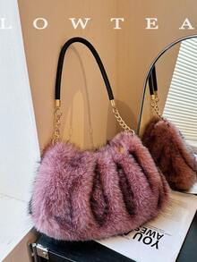low tea 1pc Fashion Cloud Pleated Plush Fabric Shoulder Bag, Suitable For Commuting, Shopping, Etc. - Pink - View 2