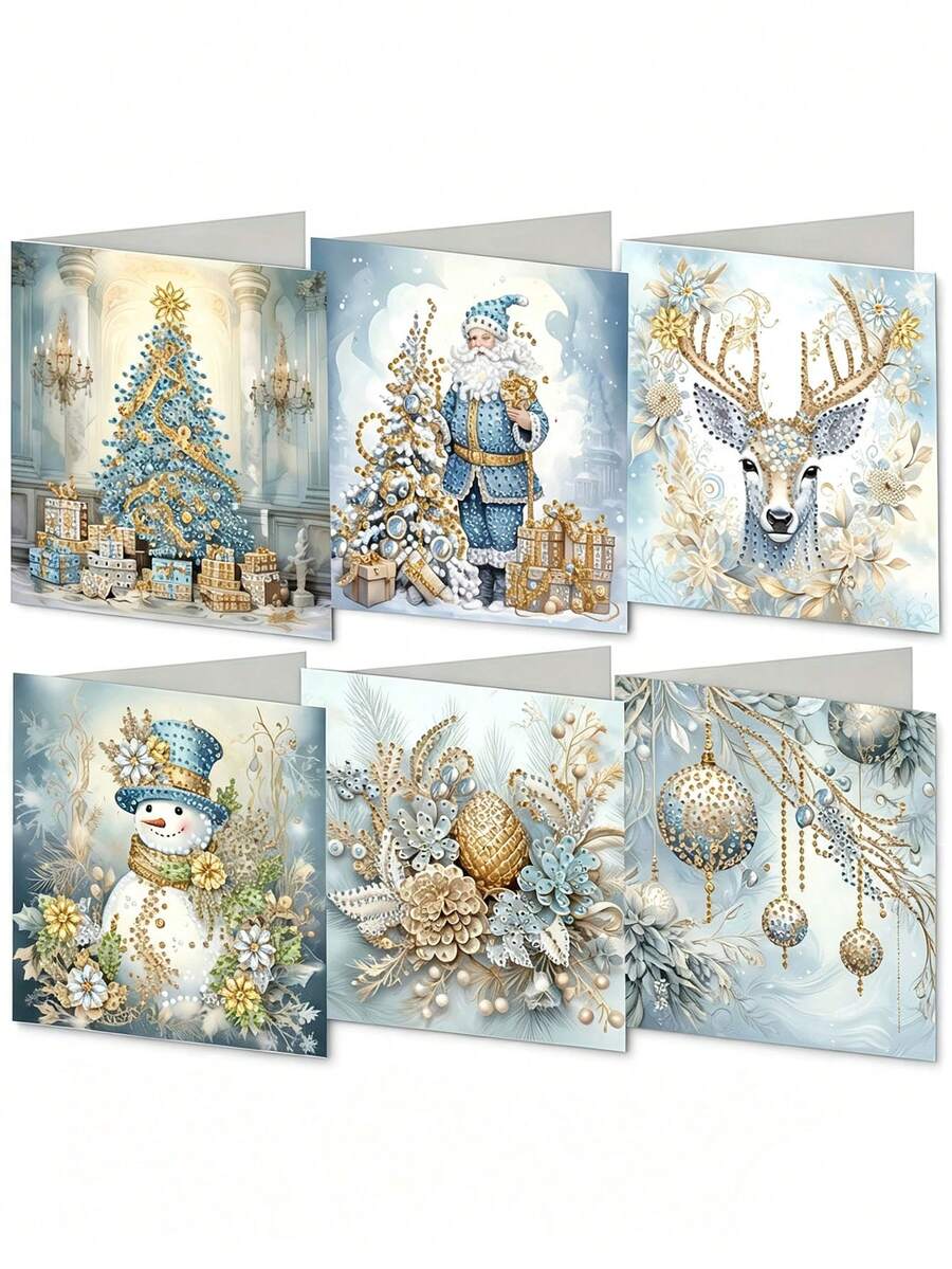 1/6pcs DIY Diamond Painting Set, Unique Design, Suitable For Christmas And New Year Greeting Cards, Round Diamonds, Paper Craft Handmade Set, Perfect For Holiday Parties And Gifts