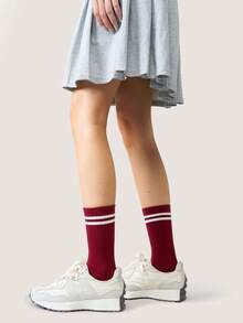 2 Pairs Of Red And White Women's Double-Leg Stockings, With An Athletic Academy Style - Multicolor - View 6