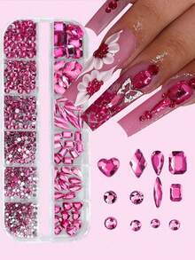 12-Grid 3D Rose Red Nail Art Rhinestone Set, Mixed Shapes & Sizes, Shiny Decorative Gemstones, Multi-Purpose DIY Nail Accessories, Suitable For Women And Girls - Hot Pink - View 1