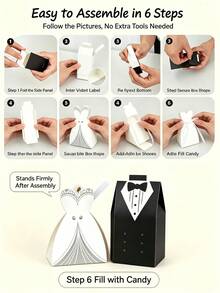 100pcs Wedding Dress & Tuxedo Gift Boxes, Candy Gift Boxes, Paper Bride & Groom Suit Design, Bridal Shower Wedding Party, Most Popular Satin Ribbon Candy Gift Boxes, Wedding Favor Candy Boxes, Perfect For Wedding Party, Birthday, Bridal, Baby Shower Decor - Black and White - View 9