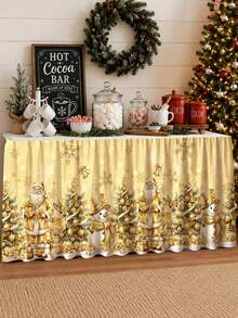 1pc Christmas Table Skirt, Vintage Gold Santa Claus Snowman Xmas Tree Pattern Polyester Rectangle Xmas Table Cover 5 Hook-And-Loop Fasteners, Festive Winter Holiday Kitchen Dining Table Decor Christmas Decorations For Home Dessert Table Cabinet Decor - Golden Santa Claus - View 5
